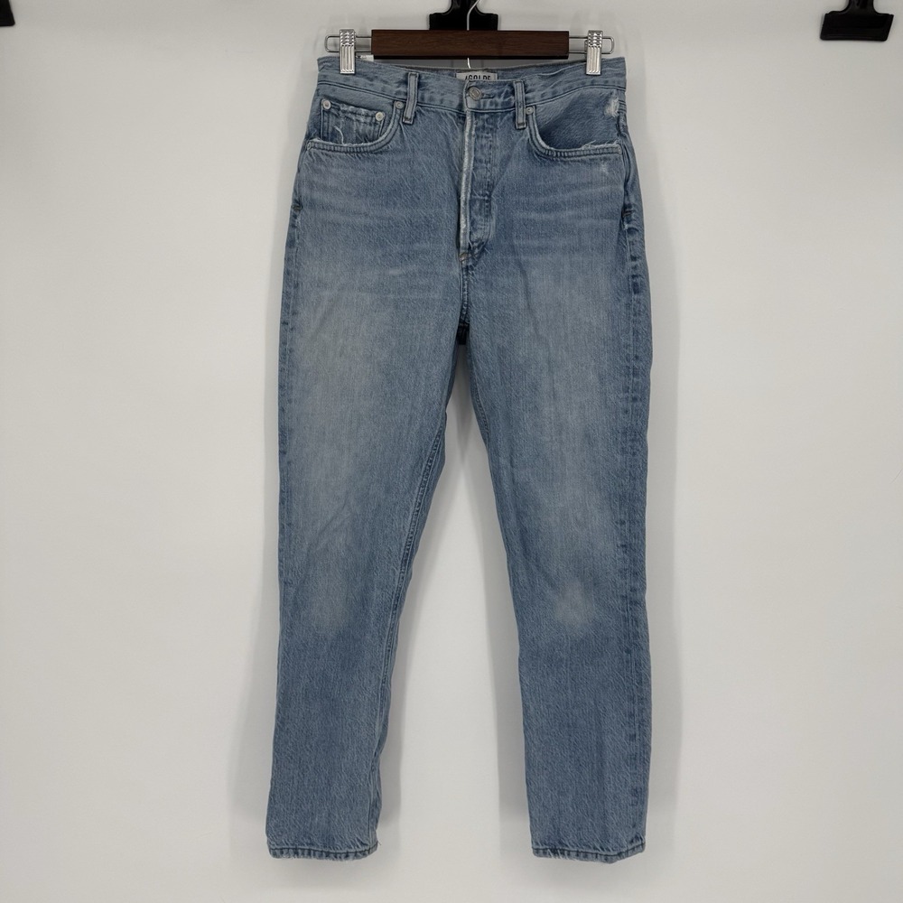 Agolde Size 26 Riley High Rise Straight Ankle Jeans Blue Button Fly Distressed